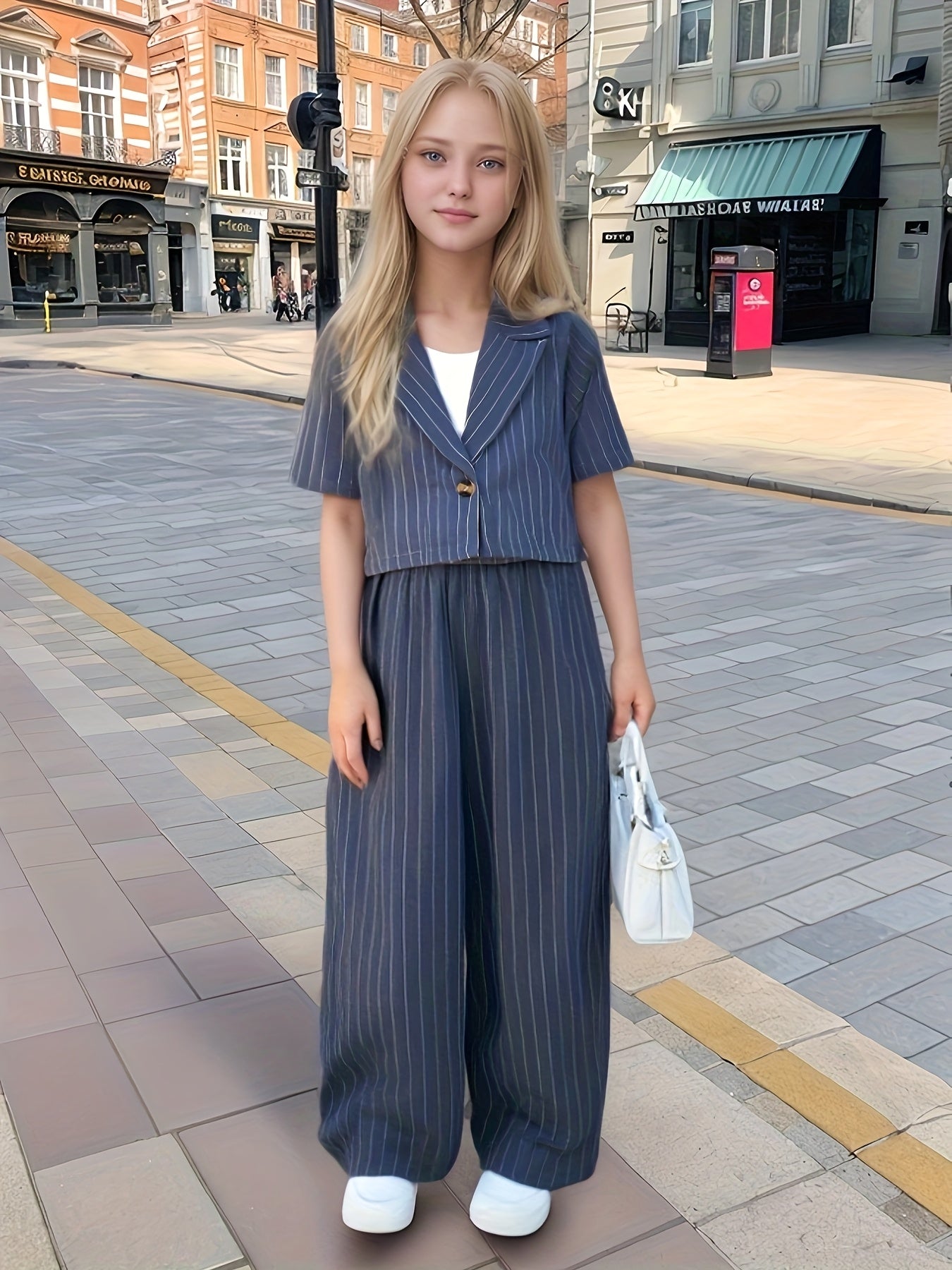 Girls' Spring/Summer 2-Piece Casual Striped Lapel Set