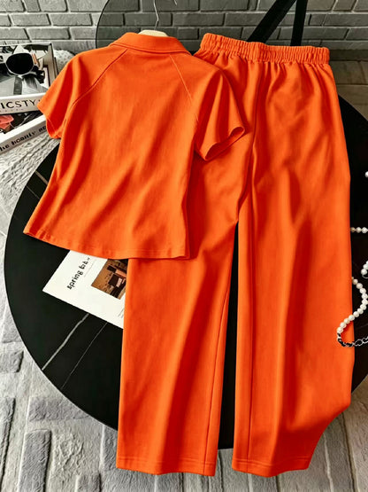 Retro Polo Neck Top & Wide Leg Pants Set with Side Stripe