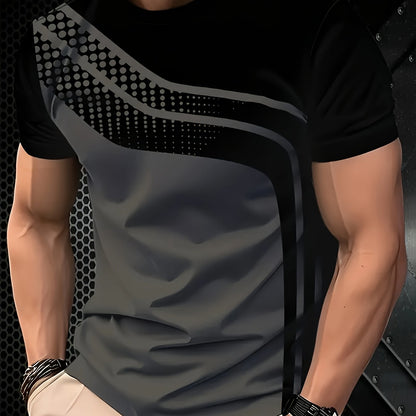 Men'S Stylish Black  Gray Striped T-Shirt - Soft Polyester Fabric, 3D Digital Print Design, Casual Crew Neck, Short Sleeve, Perfect for Summer, Everyday Comfort Tee   Modern Casualwear   Comfortable Fit