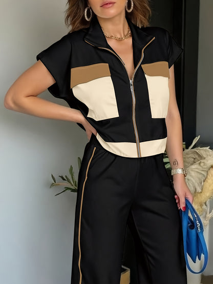 New Spring And Summer Fashion Color-Blocking Two-Piece Set Featuring a Short-Sleeve Zip Design And Wide-Leg Casual Pants for Women