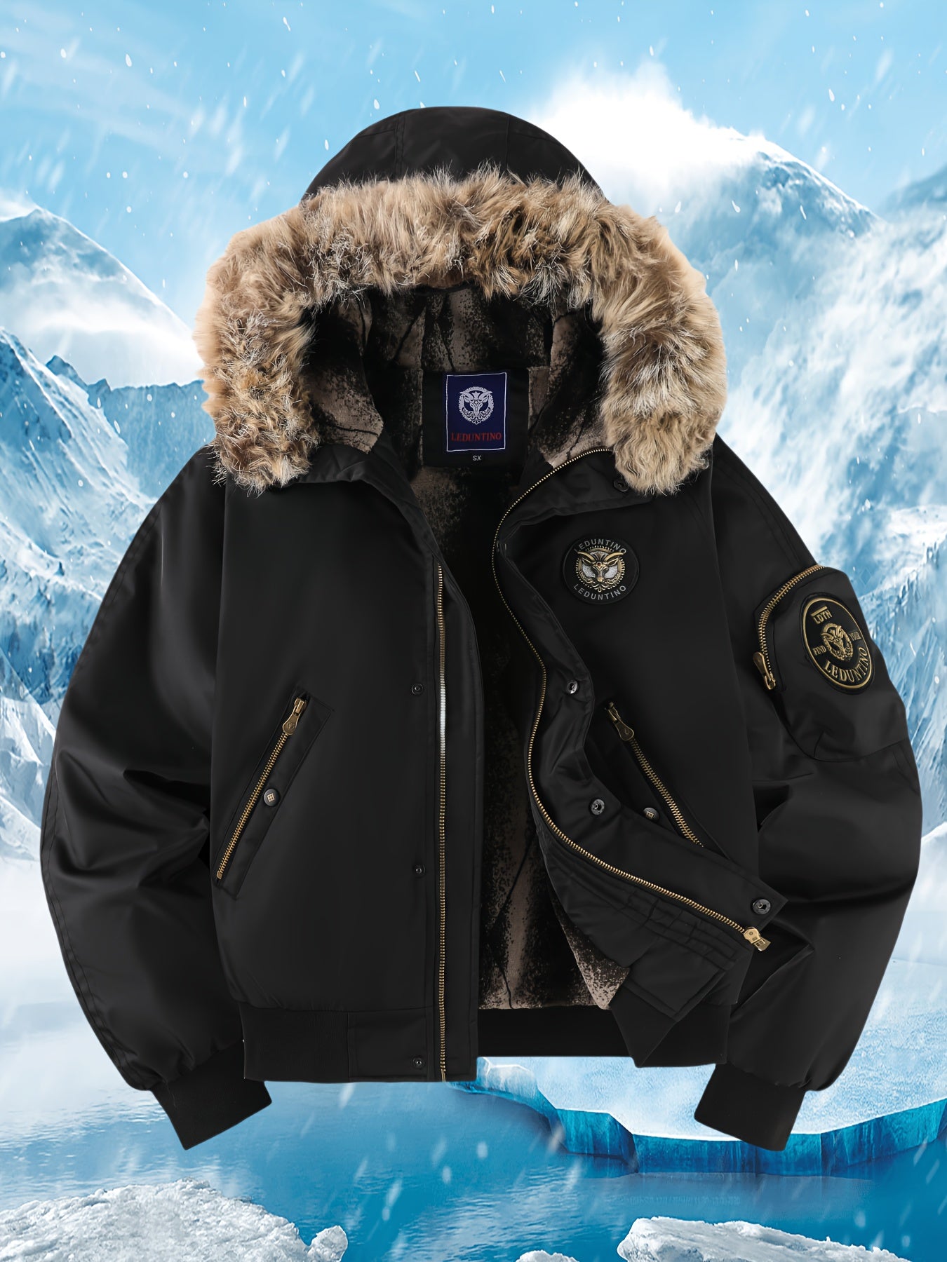 Men's Winter Coat - New Warm Hooded Jacket with Golden Print Accents, Loose Fit Casual Outerwear for Cold Weather, Machine Washable, Thick Comfort Plush Lining