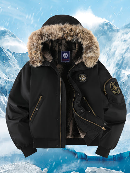 Men's Winter Coat - New Warm Hooded Jacket with Golden Print Accents, Loose Fit Casual Outerwear for Cold Weather, Machine Washable, Thick Comfort Plush Lining