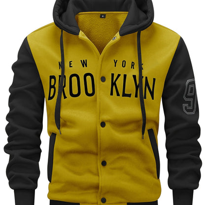 Men's 'BROOKLYN' Pattern Color Blocking Hooded Jacket, Casual Preppy Style Coat For Spring And Autumn Outdoors As Gift