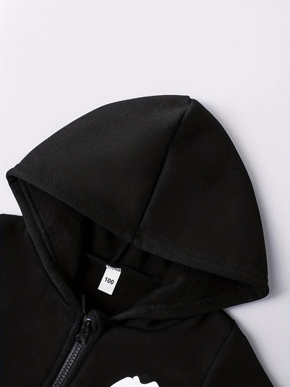 2pcs Boys' Autumn/Winter Fleece-Lined Hooded Zip-Up Jacket and Pants Set with Bird Print, Simple Color Block Design with Pockets, Fashionable Sporty Outfit for Outdoor Activities and Daily Wear, 100% Polyester Knit Stretch Fa