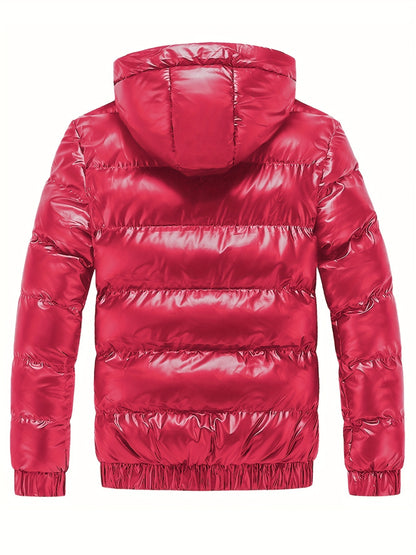 Men's Black Glossy Finish Jacket with Hood - Winter Coat, Zippered Pockets, Ribbed Cuffs & Waistband, Hand Wash Only, Regular Fit for Autumn & Cold Weather