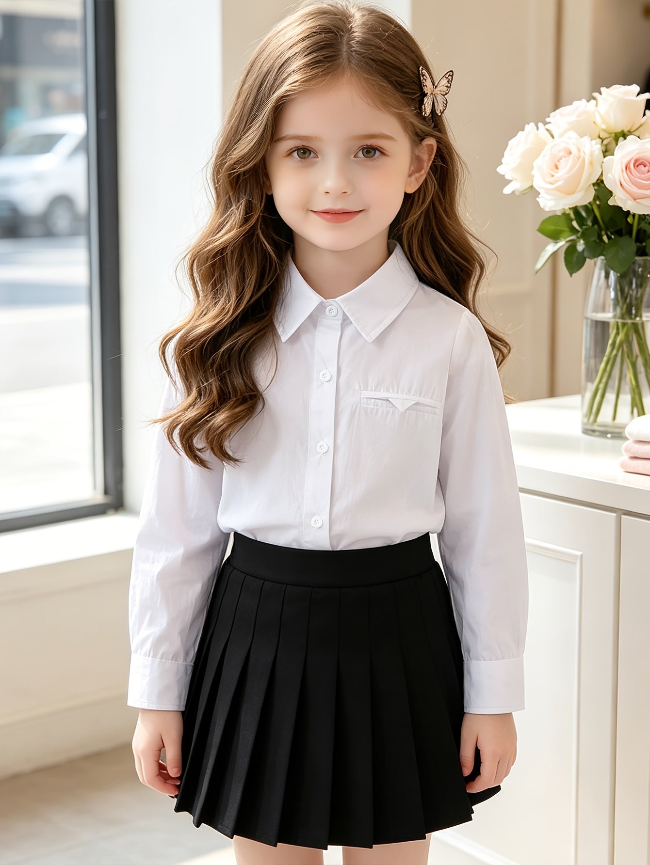 Girls' Cotton Long-Sleeve Lapel Shirt for Spring & Fall