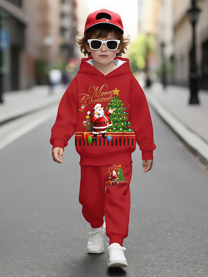 2pcs Boys' Christmas Hoodie & Sweatpants Set - Red Santa Claus & Reindeer Print, 3D Christmas Gift Design, Long Sleeve Pullover & Joggers, Casual Spring/Fall Outdoor, for Outdoor