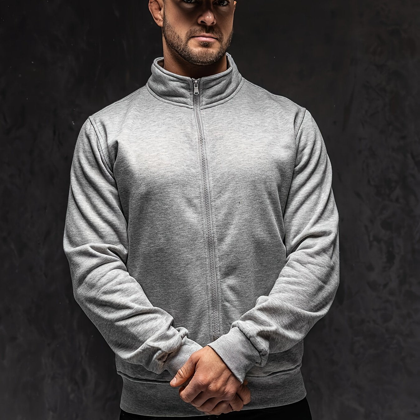 Men's Full-Zip Stand Collar Athletic Jacket - Soft Brushed Interior, Long Sleeve Casual Zippered Sweatshirt, Regular Fit Gym-to-Streetwear, Easy-Care (Hand Wash/Dry Clean) Solid Color Men's Outerwear