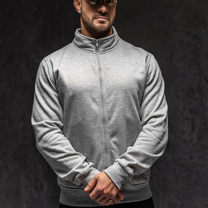 Men's Full-Zip Stand Collar Athletic Jacket - Soft Brushed Interior, Long Sleeve Casual Zippered Sweatshirt, Regular Fit Gym-to-Streetwear, Easy-Care (Hand Wash/Dry Clean) Solid Color Men's Outerwear