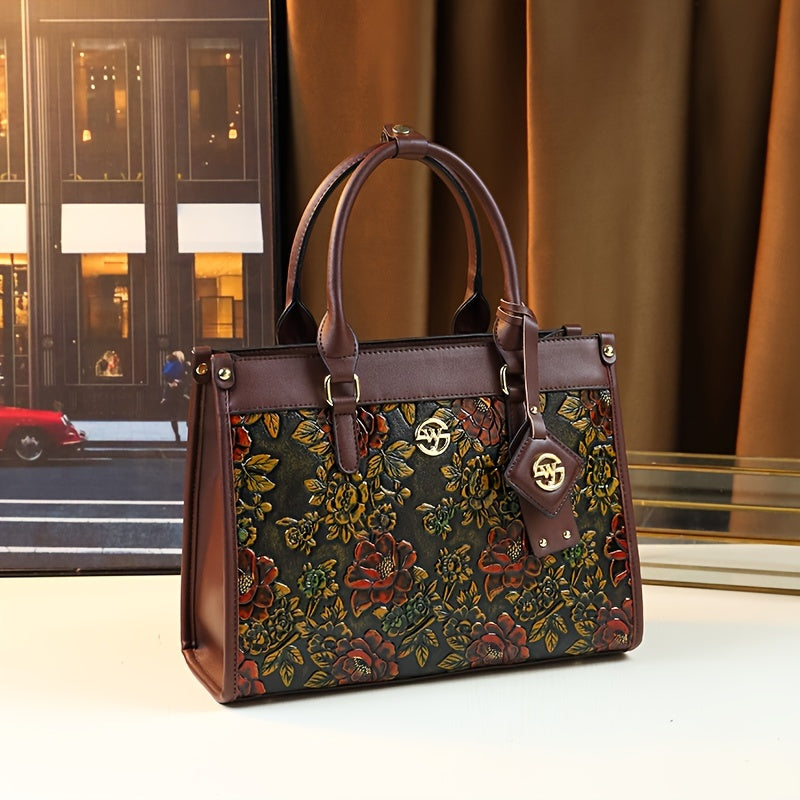 Vintage Floral PU Handbag for Women with Zipper Closure