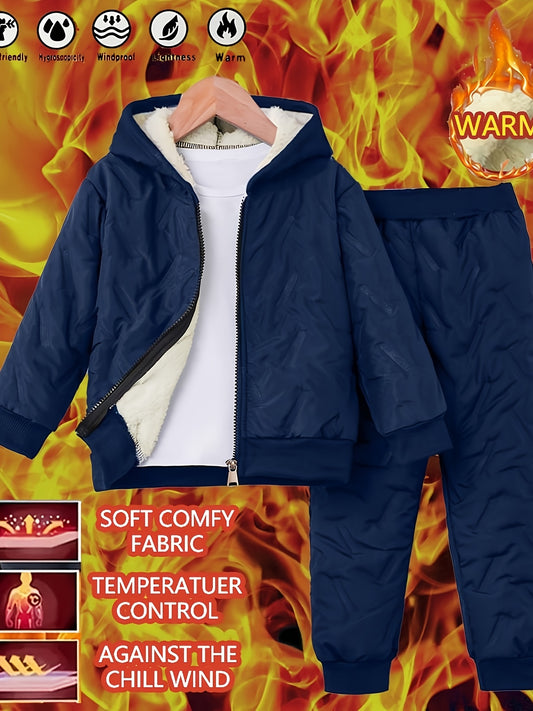 2pcs Set DREAMY DRESSES Boys' Winter Thermal Hooded Jacket & Pants Set - Full-Zip Outfit, Soft Flocked Inner, Warm Full-Body, 2pcs Snow Suit for Skiing, Outdoor Play & Cold Weather (Hand Washable,, Perfect for Outdoor