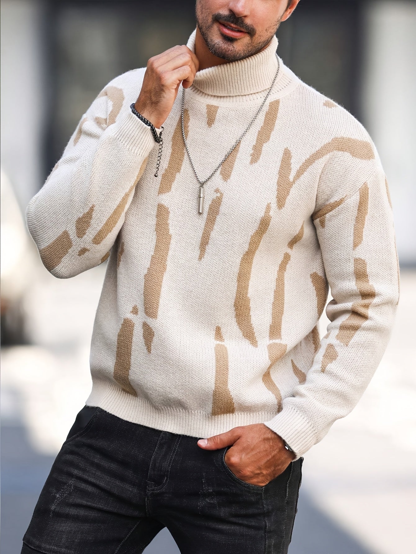 Men's Zebra Stripe Knit Sweater - High Neck Winter Pullover with Zebra Stripes, Warm Casual Sweaters for Weather, Hand Washable Fall/Winter Wardrobe Essential (Regular Fit) - ayq