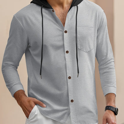 Men'S Lightweight Hooded Cardigan - Long Sleeve Sweater Jacket, Button-Front Closure, Light Grey Casual Outerwear for Office, Casual Attire - Breathable Fall/Spring Layering Essential, Sweater Cardigan, Waffle Texture, Durabl