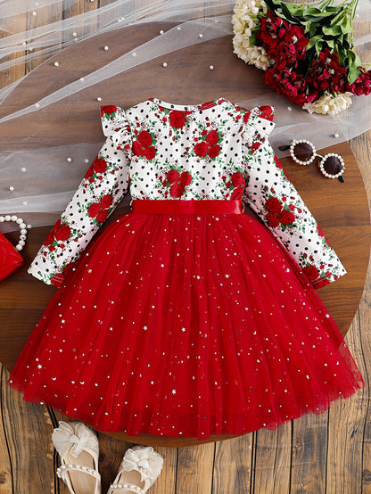 COVIVIKY Girls' Elegant Long Sleeve Party Dress with Puff Skirt & Sheer Panel - Knee-Length A-Line Wedding Prom Dress, Belted Waist Bow & Netting Trim, Hand Washable Winter Formal Gown for Girls (Age 4-12)