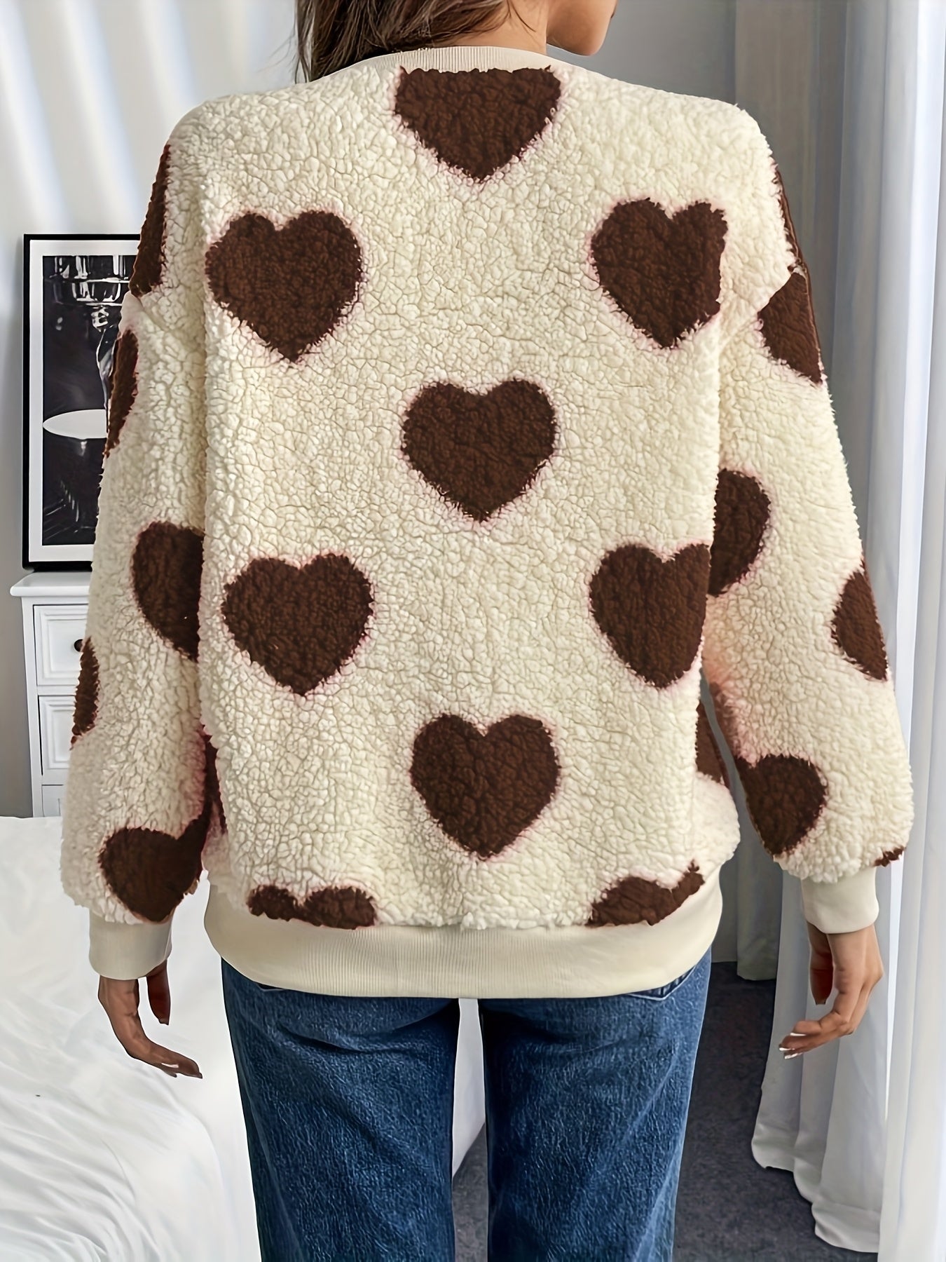 Women'S Plush Heart Sweater - Soft & Heart Pattern Sweater with Heart Cutouts, Cozy Winter Sweater for Fall & Winter