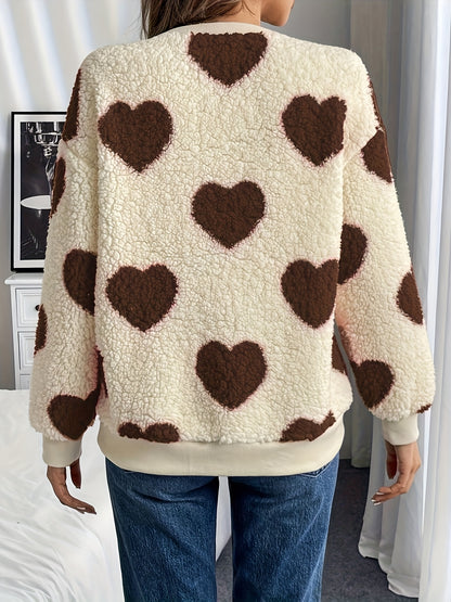 Women'S Plush Heart Sweater - Soft & Heart Pattern Sweater with Heart Cutouts, Cozy Winter Sweater for Fall & Winter