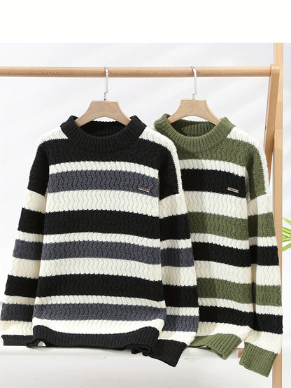 Men'S Thick Warm Sweater - Long Sleeve Round Neck Pullover with Vertical Stripes in Green/ - Cozy Fall/Winter Sweater for Everyday & Formal Outfits, Knit, Winter Clothing, Classic Knitwear, Ribbed Texture, Casual Wear, Stylis
