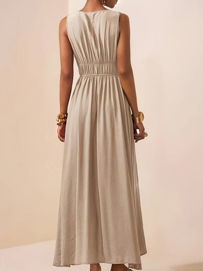 Elegant Summer V-Neck Beaded Sleeveless Waist-Cinching Dress