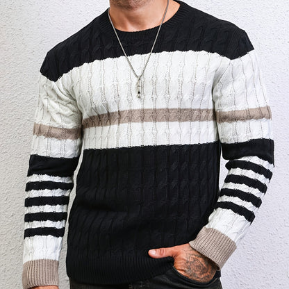 Stylish Color-Blocked Striped Cable-Knit Sweater