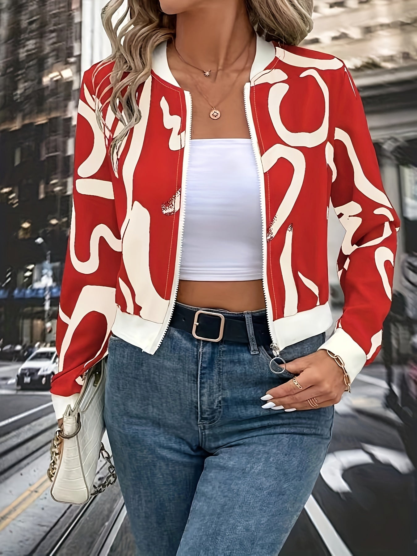 Women'S Stylish Black & White Abstract Print Zip-Up Cardigan Jacket - Casual Long Sleeve Pullover with Belted Waist, All-Season Wear, Casual Attire Jacket|Modern Casual Jacket|Zippered Jacket