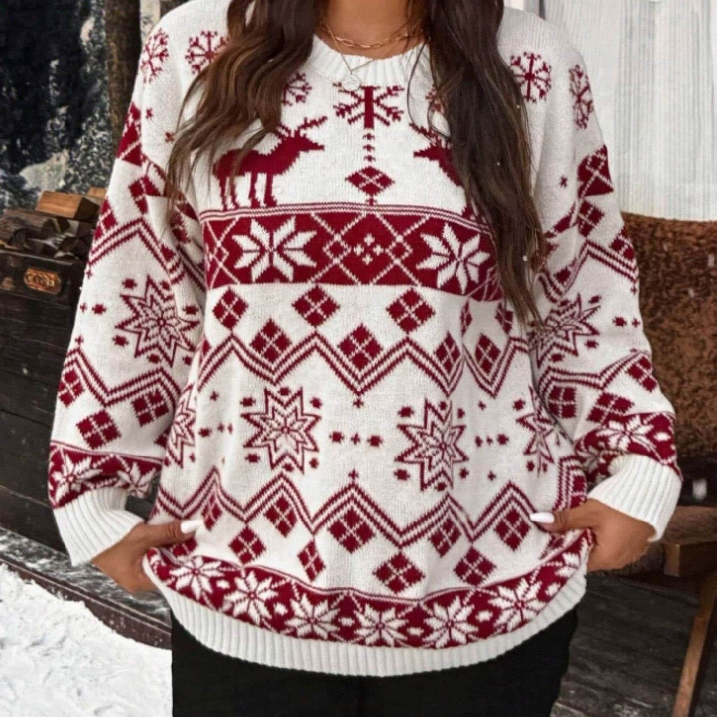 Women'S Thick Double-Layer Winter Sweater - Red & Snowflake & Geometric Pattern Pullover, Round Neck Long Sleeve Sweater with Piping Trim, Cozy Fall/Winter Casual Chic Outfits, Ladies Sweaters