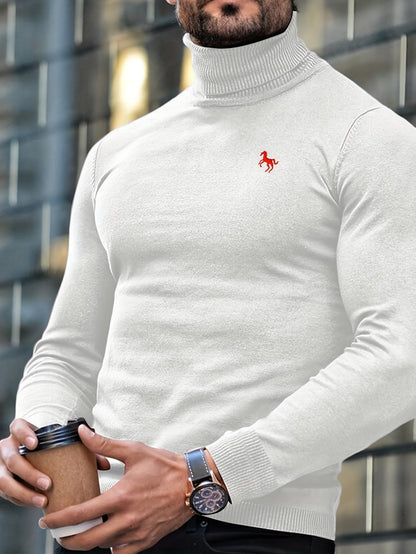 Men'S High-Neck Knitted Sweater | Slim Fit Pullover with Embroidered Spurs Design, Soft and Comfortable, Rayon Fabric, Fall/Winter Collection