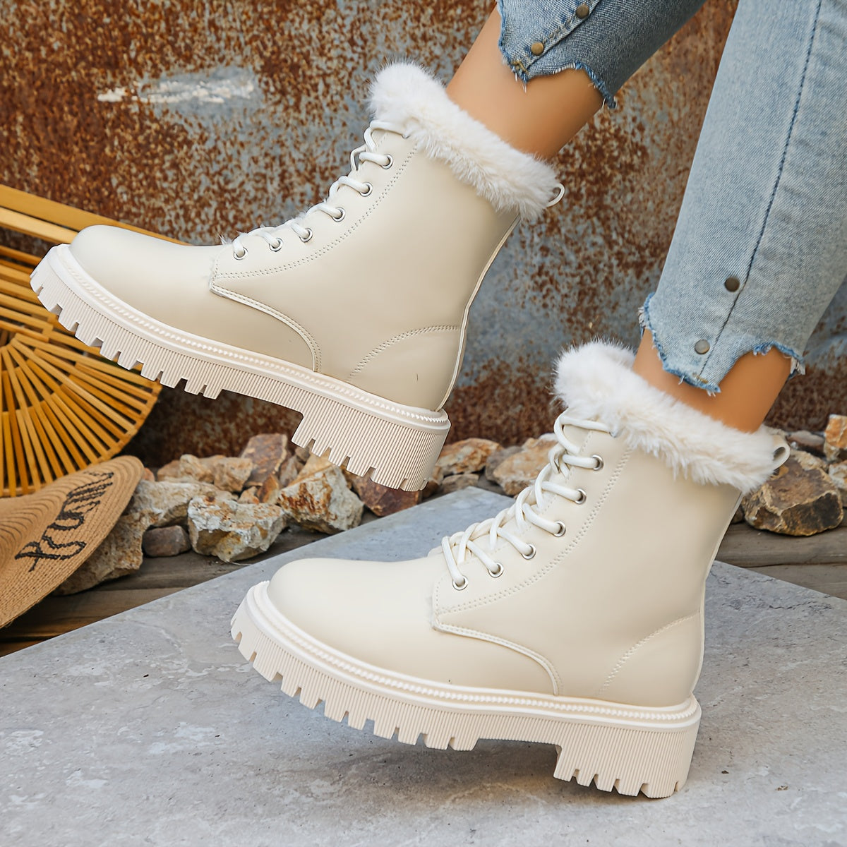 Women'S Elegant White Fleece-Lined Ankle Boots with Side Zipper - Cozy Round Toe Platform Heel, Comfortable Fabric Lining & Durable PVC Sole for Casual Winter Wear, Travel & Everyday Outfits, Winter Boots, Travel Footwear, Pl