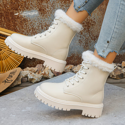 Women'S Elegant White Fleece-Lined Ankle Boots with Side Zipper - Cozy Round Toe Platform Heel, Comfortable Fabric Lining & Durable PVC Sole for Casual Winter Wear, Travel & Everyday Outfits, Winter Boots, Travel Footwear, Pl