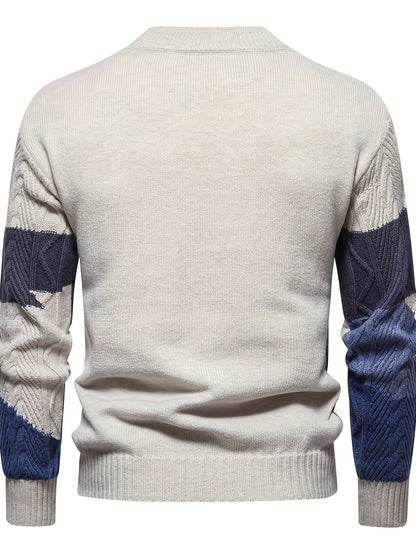 Men's Stylish Solid Knitted Pullover, Casual Mid Stretch Breathable Long Sleeve Crew Neck Top For City Walk Street Hanging Outdoor Activities