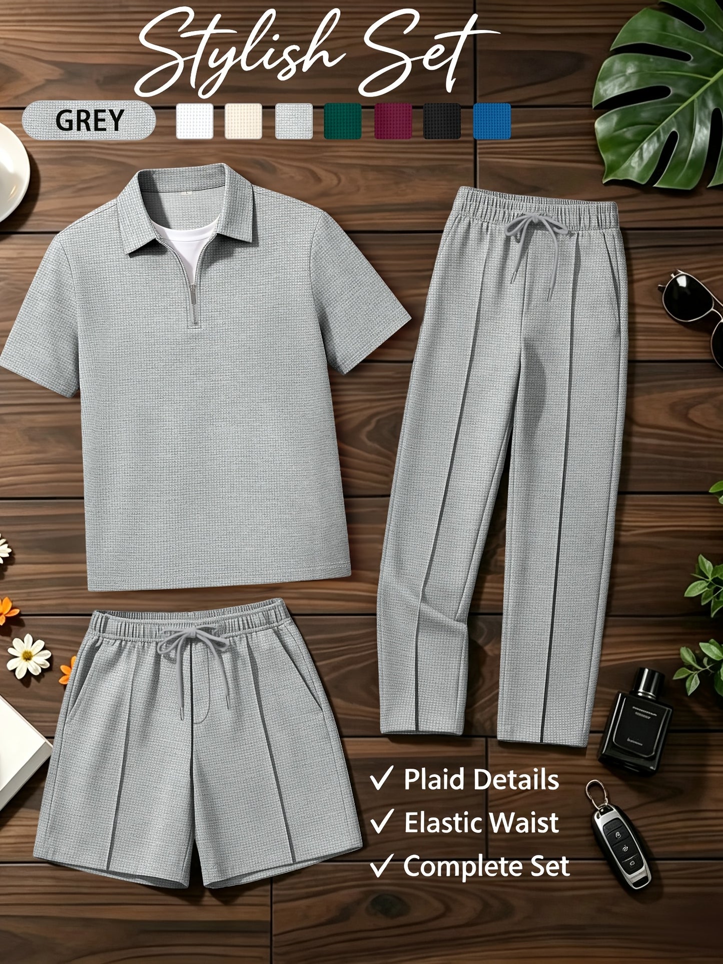 Men's Waffle Knit Quarter-Zip Polo & Drawstring Pants Set
