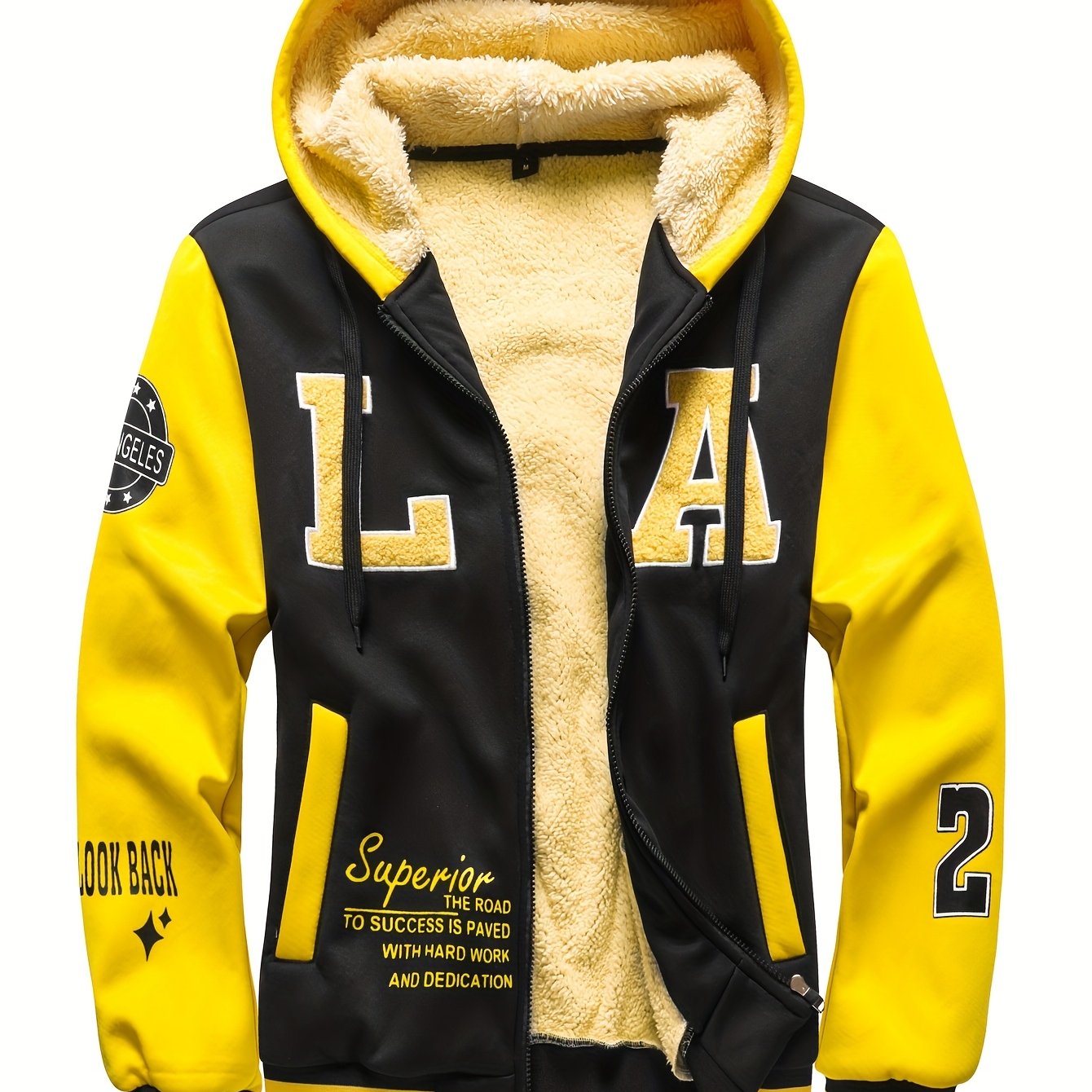 Men'S Cozy Fleece-Lined Hooded Jacket with "LA" Lettering - & Yellow Color Block, Zip-Up Casual Outerwear, Long Sleeves, Pockets, Perfect for Fall & Winter, Casual Winter Wear | Hooded Jacket | Zippered Jacket