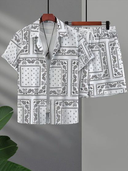 Men's Paisley Print Short Sleeve Shorts Single Button Shirt Suit with Elastic Cord and Pockets