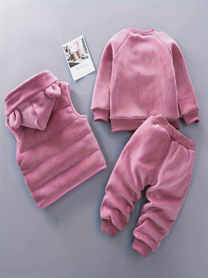 3pcs Boys & Girls Winter Warm Hooded Bear Set - Thick Bear Head Vest, Matching Pants & Hoodie, Cozy 3pcs Outfit for Outdoor Play, Casual Wear (Easy-Care Baby Clothes, Hand/Dry Clean), Perfect for Outdoor