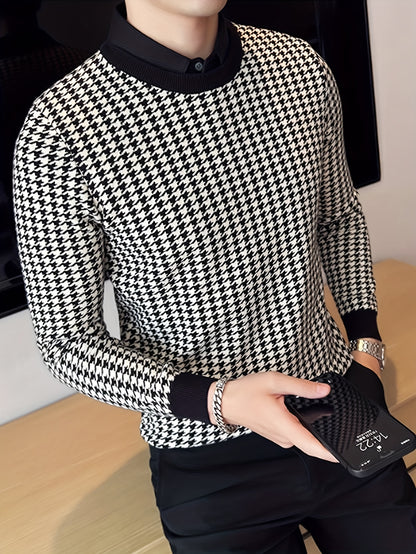 New Men'S Houndstooth Color-Blocked Sweater, Casual Pullover with Round Neck And Long Sleeves, Knit