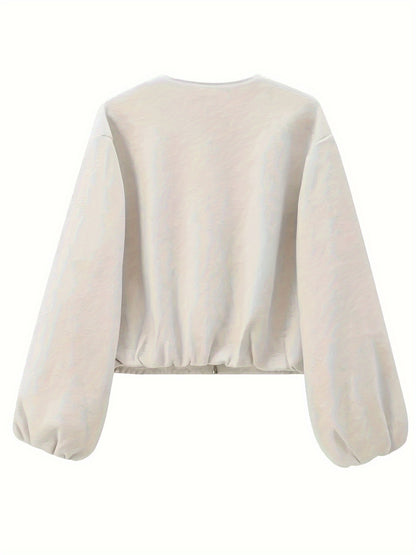 Women'S Elegant Pilot Jacket - Beige Bomber Style Short Coat with Pockets, Zip-Up, Long Sleeves, Loose Fit for Casual & Weekend Wear, Casual Wear Jacket | Bomber Jacket | Polyester Fabric