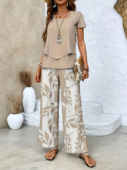 Women's Elegant 2-Piece Set: Crew Neck Top & Printed Pants