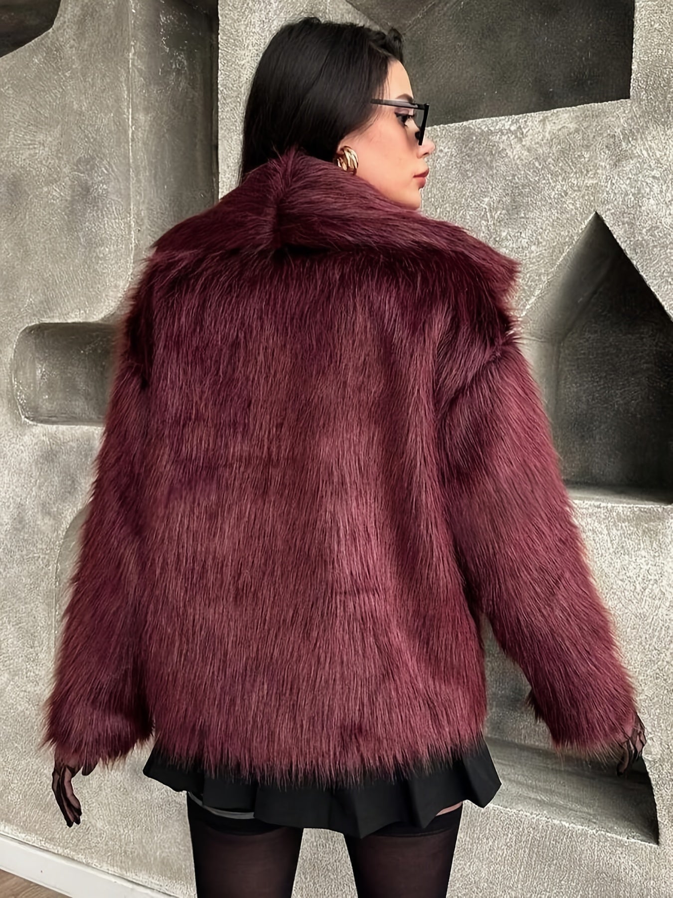 Women's Elegant Luxury Faux Fur Coat - Winter Warm Solid Black Outerwear with Plush Fur Collar, Machine Washable Winter Coat for Fall & Winter, Casual to Formal Events, Faux Fur Jacket for Women, Chic and Sophisticated Design