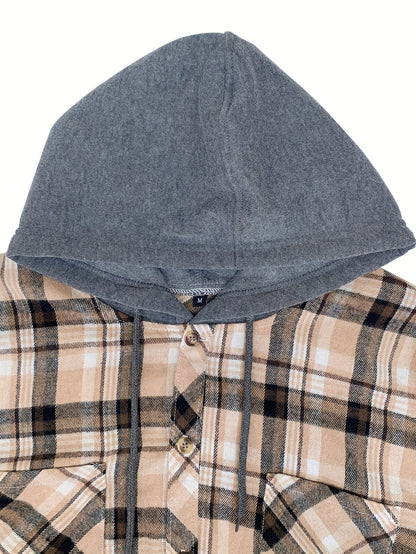 Plaid Shirt Coat For Men Long Sleeve Casual Regular Fit Button Up Hooded Shirts Jacket
