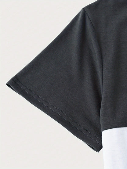 Men's Round Neck T-Shirt, Three-Color Patchwork Top with Asymmetric Double Stripes, Trendy Comfortable Breathable High-Quality Factory-Made Casual Fit