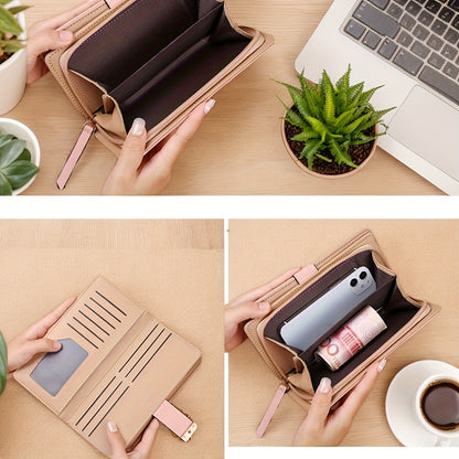 Perfect Christmas Gift for Her: Elegant Women's Long Wallet with Hollow Leaf Pattern & Gold Metal Pendant, Detachable ID Window, Zipper Coin Purse, Multiple Card Slots - Stylish PU  Clutch in Khaki, Blue, Black, Brown, Pink