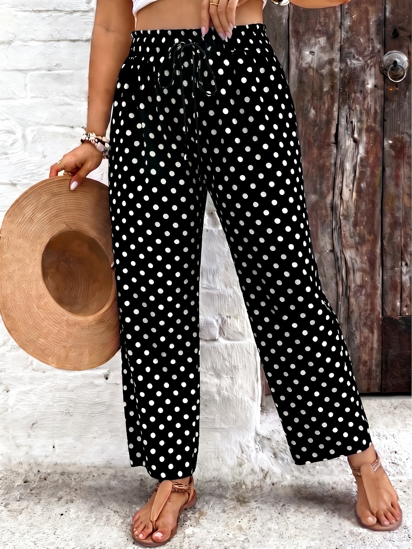 Women's Elegant Polka Dot Stretch Waist Tapered Pants
