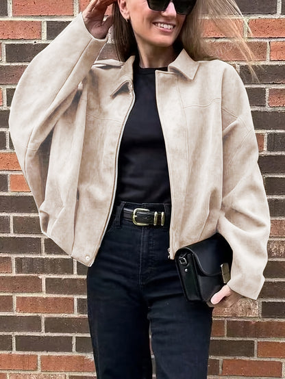 Women'S Vintage Bomber Jacket - Loose Fit Long Sleeve Zip-Up with Drop Shoulder Design, Brown Casual Outerwear for Fall/Winter, Non-Stretch Fabric, Perfect for Casual Attire, Autumn Winter Jacket | Vintage Bomber Style | Zipp