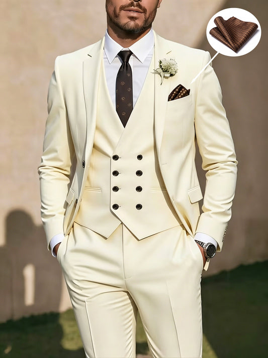 Men's 3-Piece Polyester Suit Set with Vest & Pocket Square - ayq