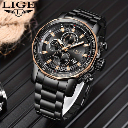 LIGE Watches Fashion Junior Men's Sports Multifunctional Quartz Watch, IP68 Waterproof Watch, Stainless Steel Band, Precision Chronograph, Stopwatch Date Function, Casual Elegant Vintage Style New Watch, Holiday Gifts - ayq