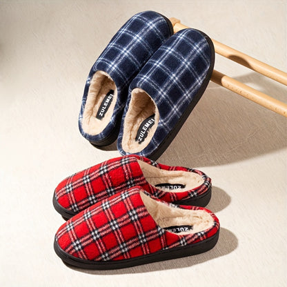 Unisex Plaid Slip-On Slippers for Men & Women - Comfortable Memory Foam Indoor/Outdoor House Shoes with TPR Sole, Warm Fabric Uppers, Blue & Red Options, Perfect for Everyday & Leisure Wear, House Slippers