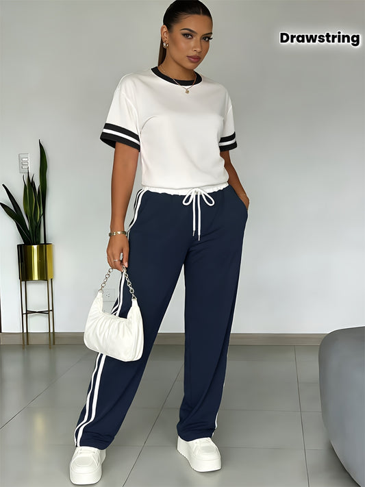 Women'S Casual Set, Color-Block Round Neck Milk Short-Sleeved T-Shirt + Long Casual Pants, Multi-Color Options - Suitable for All Seasons, Casual Wear - Minimalist Style - Fashionable, Versatile And Comfortable Women'S Clothi