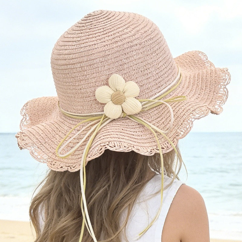 Kids' Paper Straw Hat with Lace Trim & Flower, Adjustable Strap