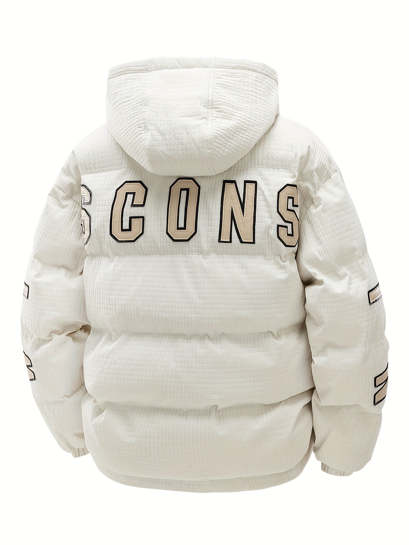 789 Men'S Stylish Thickened Winter Hooded Coat - Warm Fleece-Lined Jacket with "CONS" Letter Design, Loose Fit, White, Casual Winter Outerwear, Winter Jacket