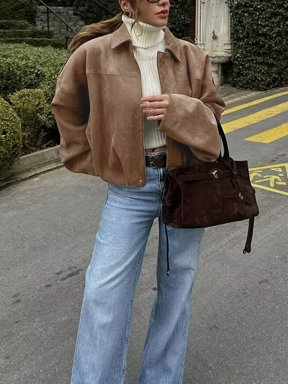 Women'S Vintage Bomber Jacket - Loose Fit Long Sleeve Zip-Up with Drop Shoulder Design, Brown Casual Outerwear for Fall/Winter, Non-Stretch Fabric, Perfect for Casual Attire, Autumn Winter Jacket | Vintage Bomber Style | Zipp