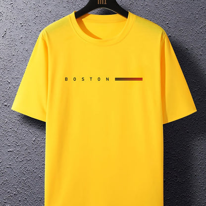 Men's Heavyweight 180gsm Cotton T-Shirt - Dark Gray Crew Neck Tee with Bold "Boston" Print, All-Season Everyday  Formal Shirt for Men - Machine Washable Luxury Casual Top, Versatile Clothing, Modern Design, Premium Fabric, S